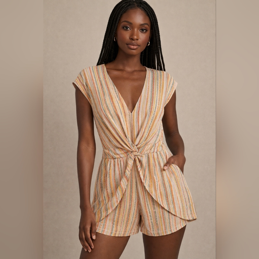 BCBG Max Azria M Striped Tie-Front Romper Boho Chic Summer